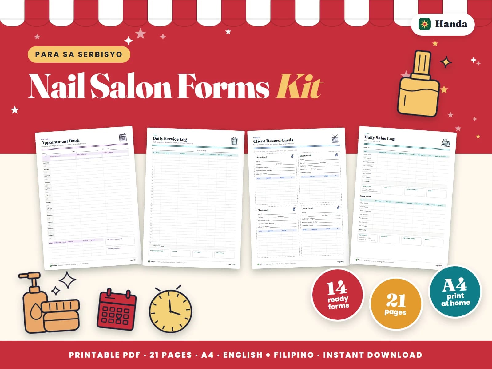 Appointments, client cards, service logs, commissions, supplies and a price list for a nail salon.