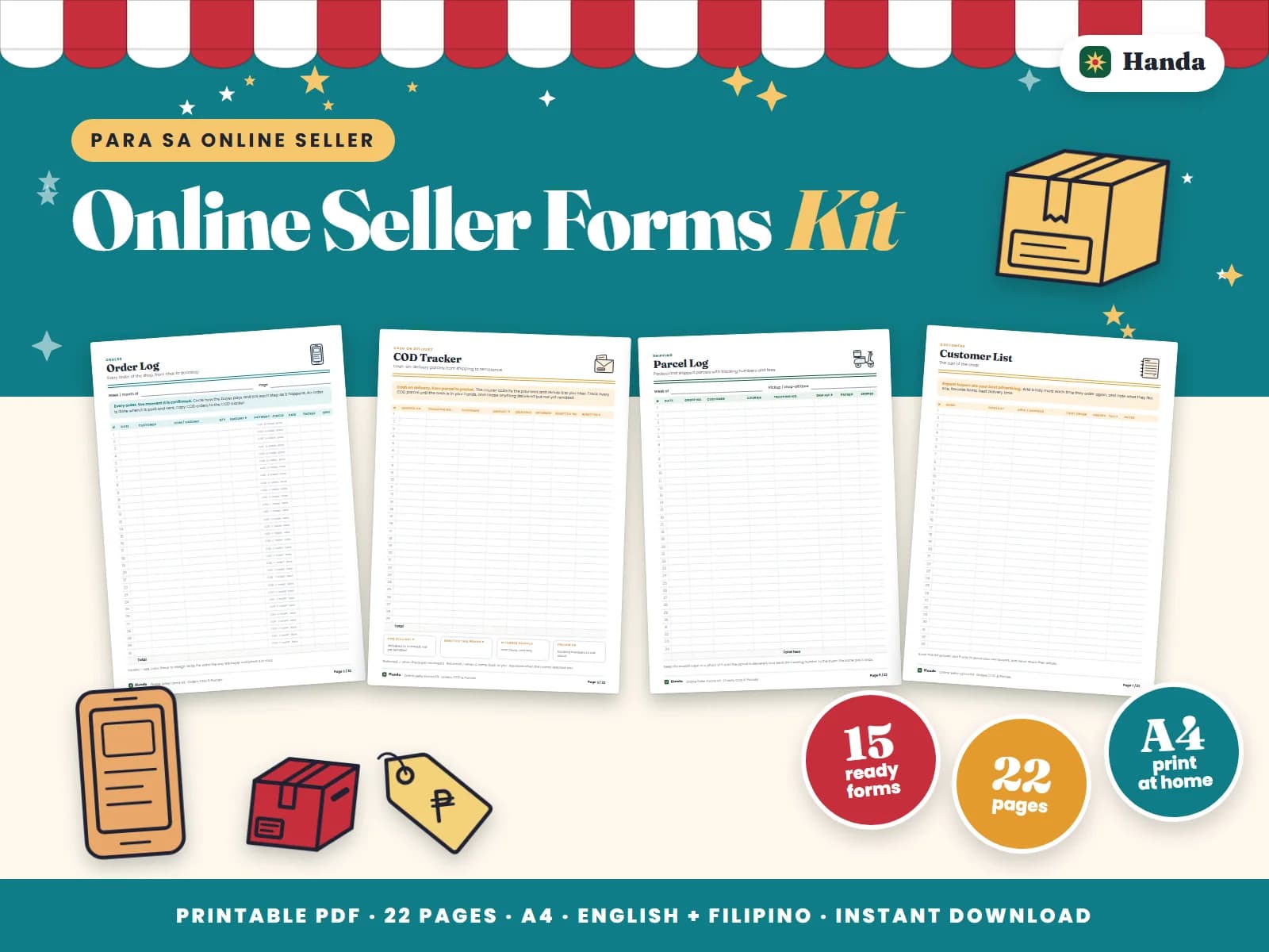 Order logs, a COD tracker, parcel logs, packing slips, shipping labels and thank-you cards for online sellers.