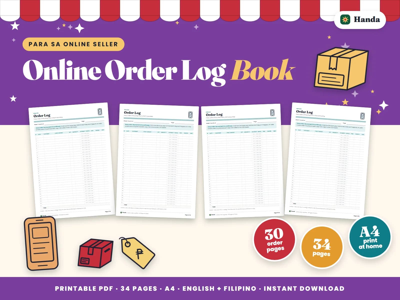 Thirty pages of order logs with the item, variant, payment and status of every order.