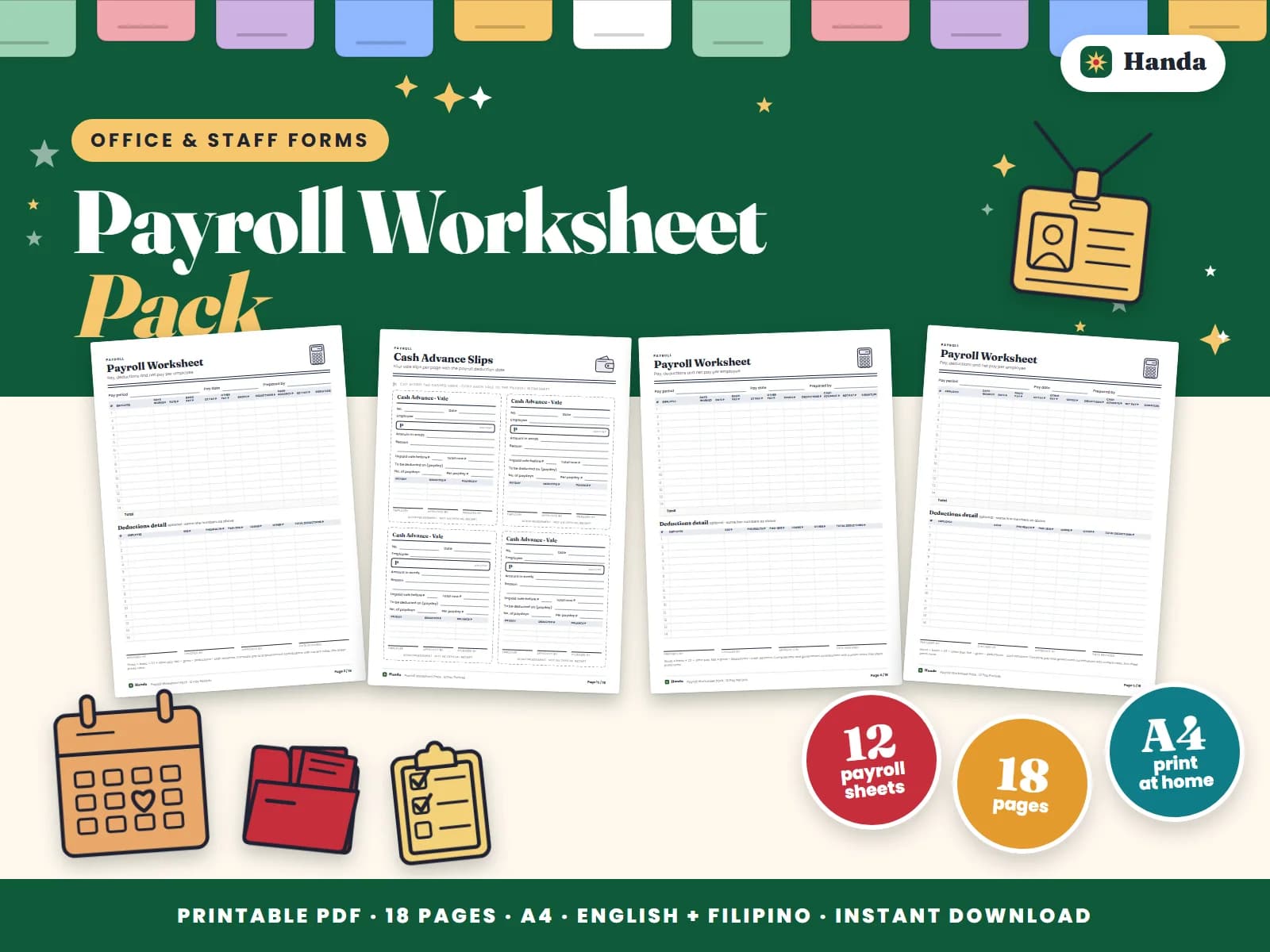 Twelve payroll worksheets with blank rate and deduction columns, plus cash advance slips.