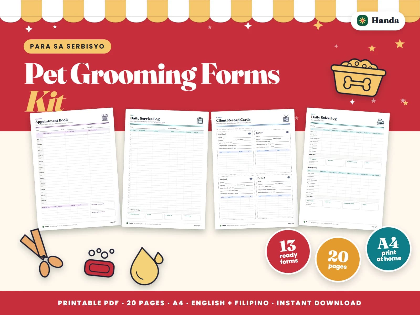 Appointments, pet client cards, service logs, supplies and a price list for a pet grooming shop.