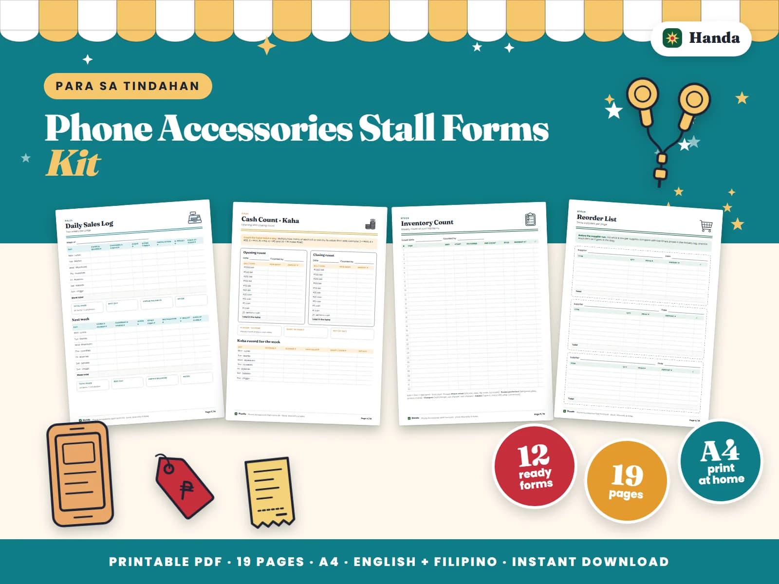 Inventory, warranty and replacement records, special orders and daily sales for a phone accessories stall.