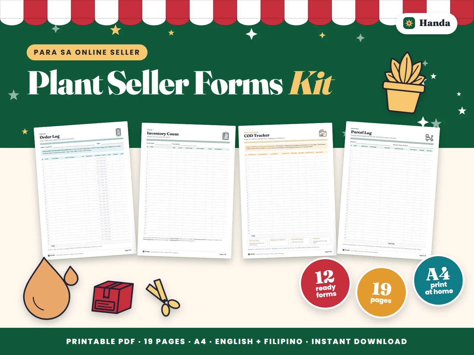 Orders, plant stock and care logs, parcels, packing slips and care-note thank-you cards for plant sellers.