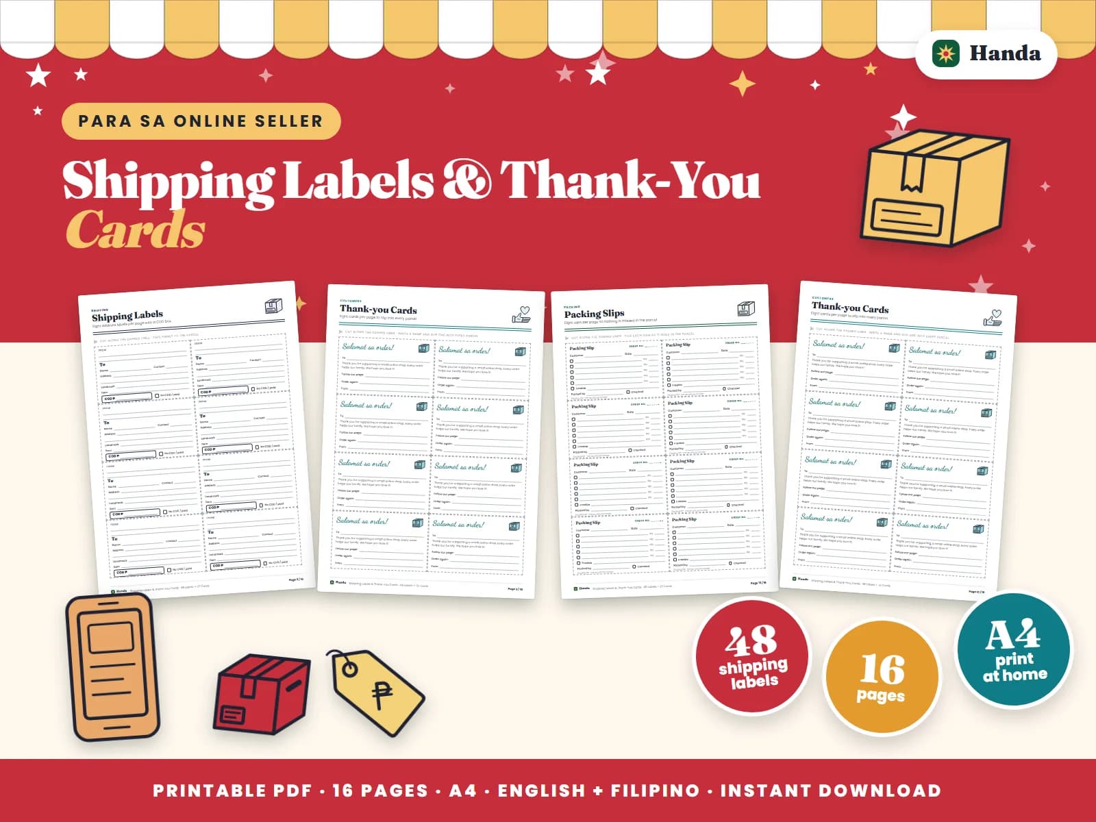 Forty-eight shipping labels with COD boxes, thirty-two thank-you cards and packing slips.