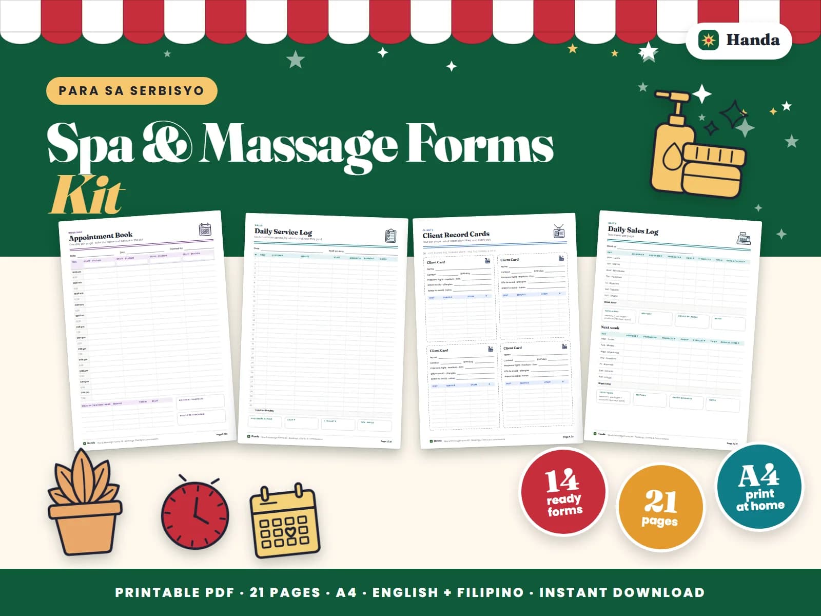 Appointments, client cards, service logs, therapist commissions and a price list for a spa.