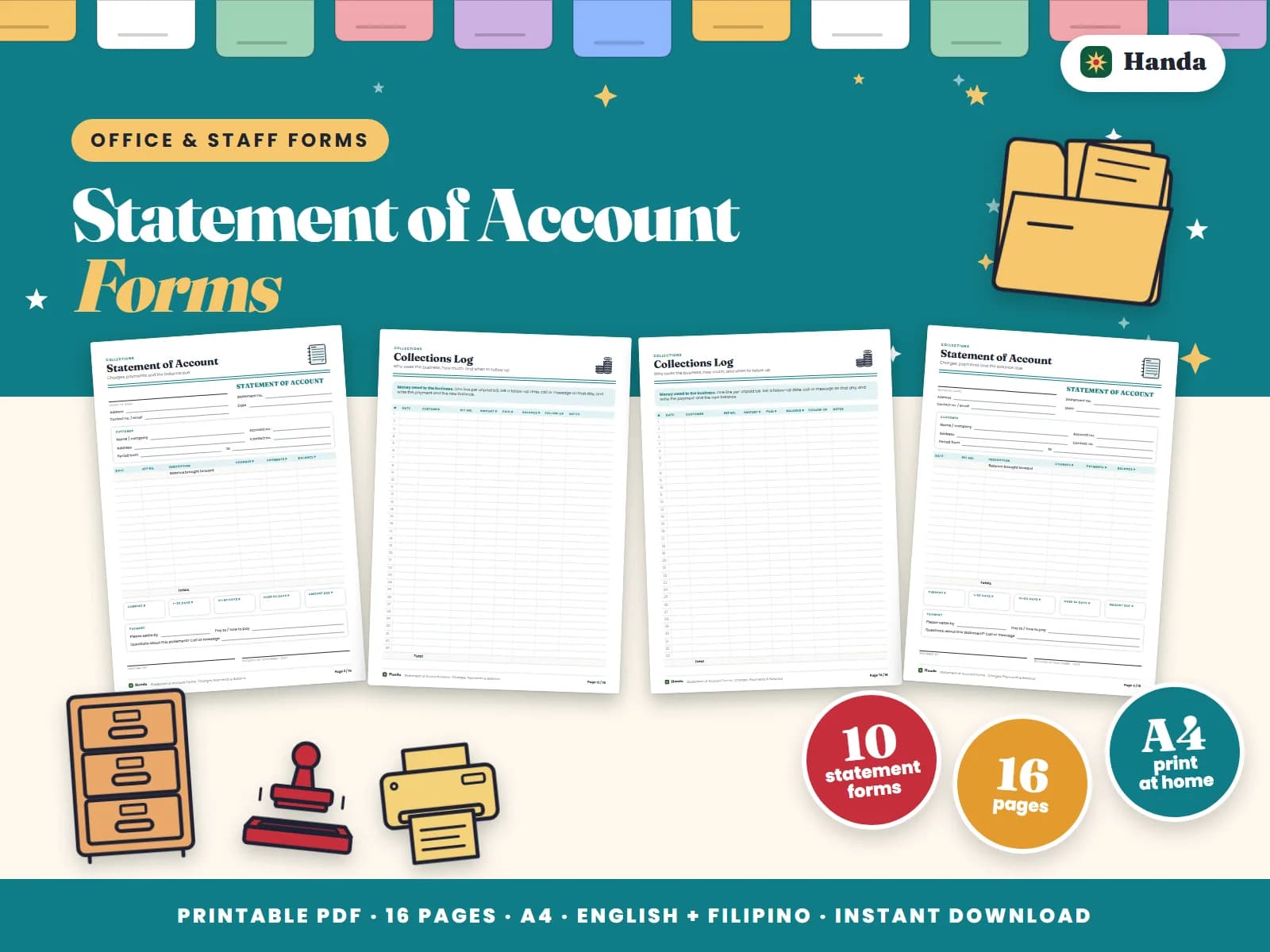 Ten statement of account forms plus a collections log to follow up what customers owe.