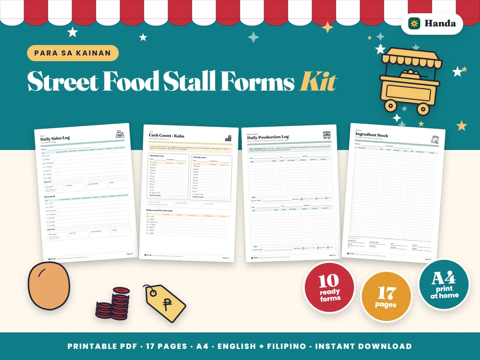 Daily sales, kaha counts, prep and ingredient logs and cleaning checklists for a street food stall.