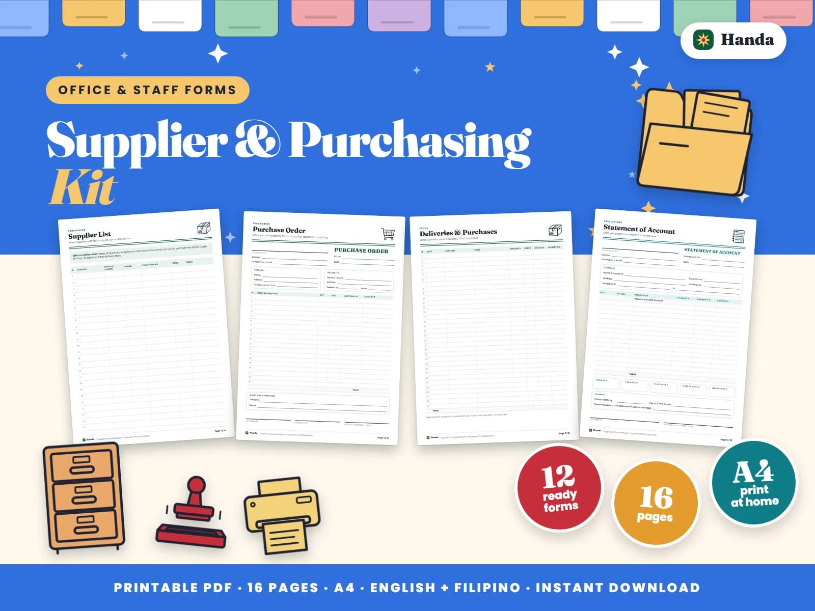 A supplier list, purchase orders, delivery records and statements to keep buying organized.