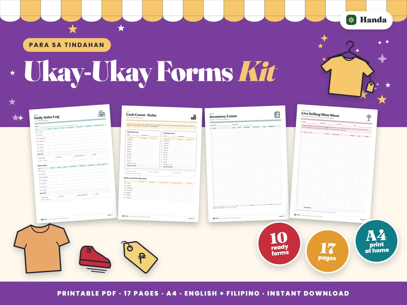 Bale costs and pieces, sales by price tier, live-selling mine sheets and price tags for an ukay-ukay.
