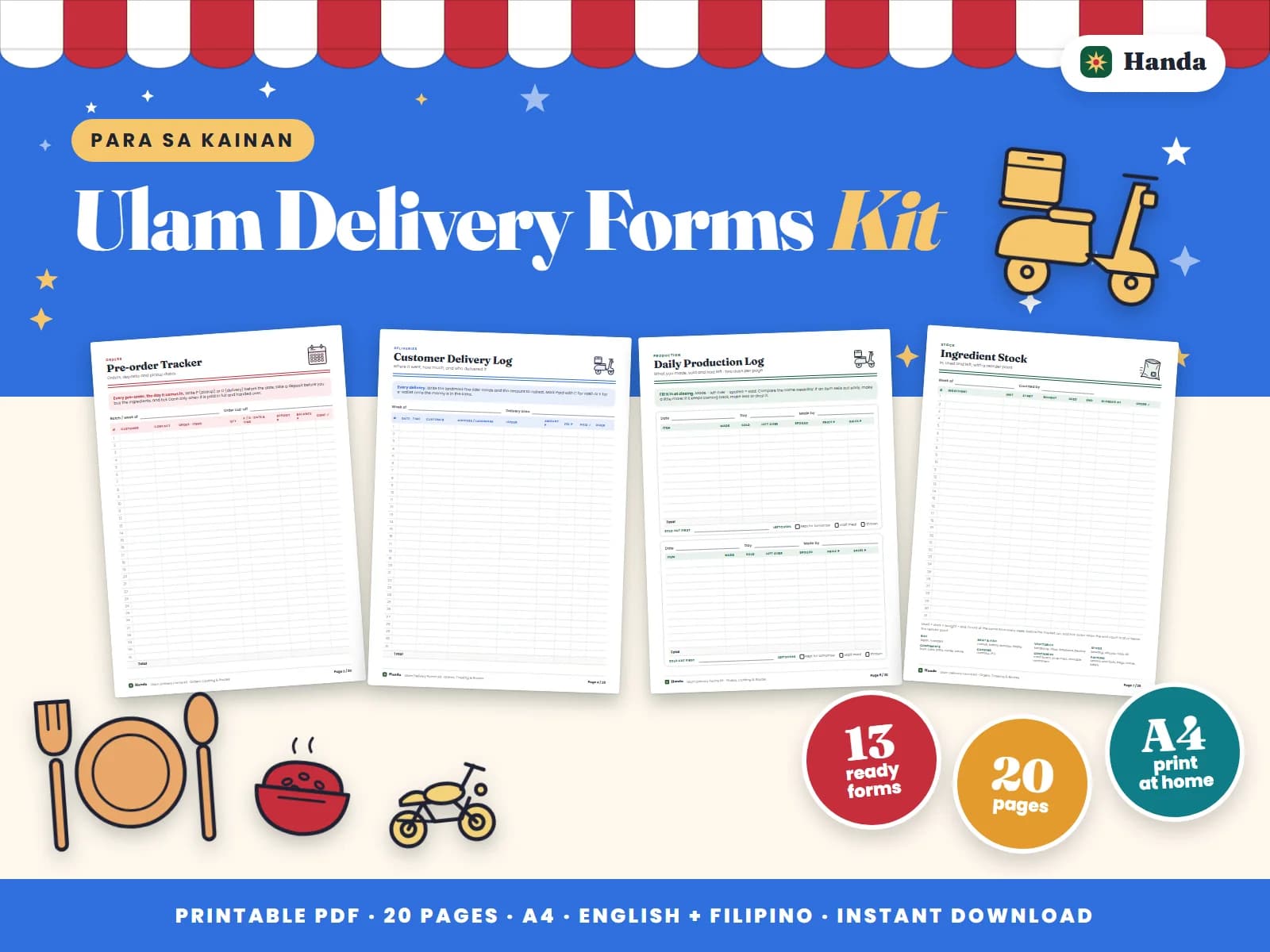 Pre-orders, delivery logs, cooking and ingredient records and a customer list for an ulam delivery business.