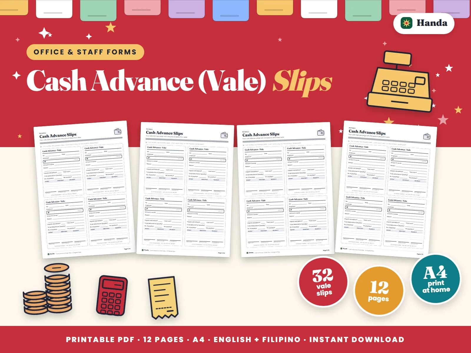Thirty-two cash advance slips with the payroll deduction date and both signatures.