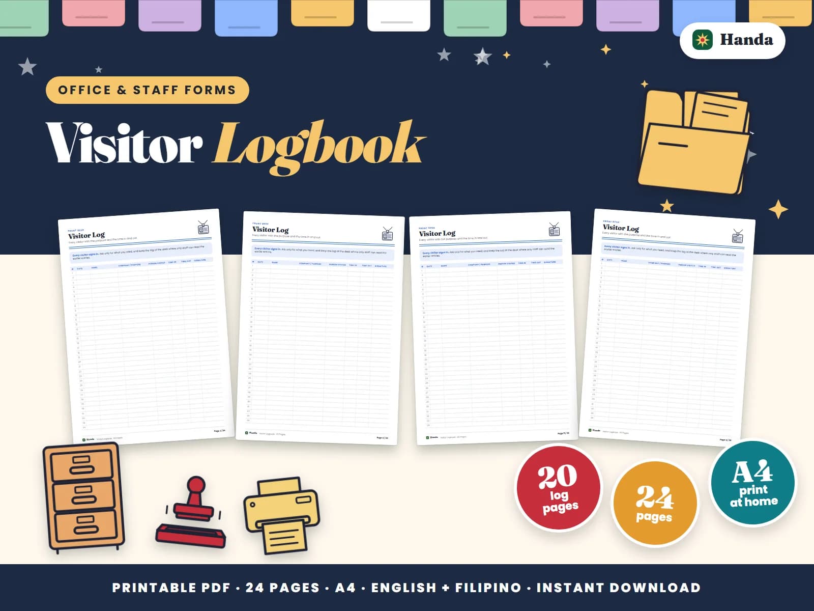Twenty pages of visitor logs with purpose, person visited, time in and time out.