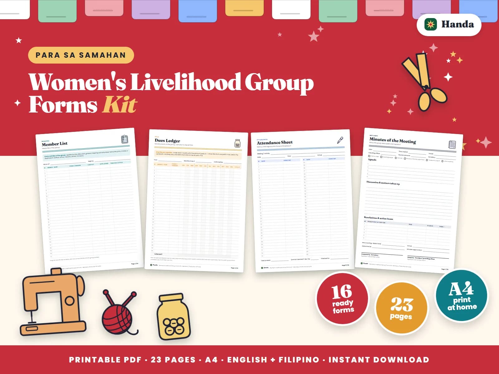 Member list, dues, meetings, production and sales records and a cash book for a livelihood group.