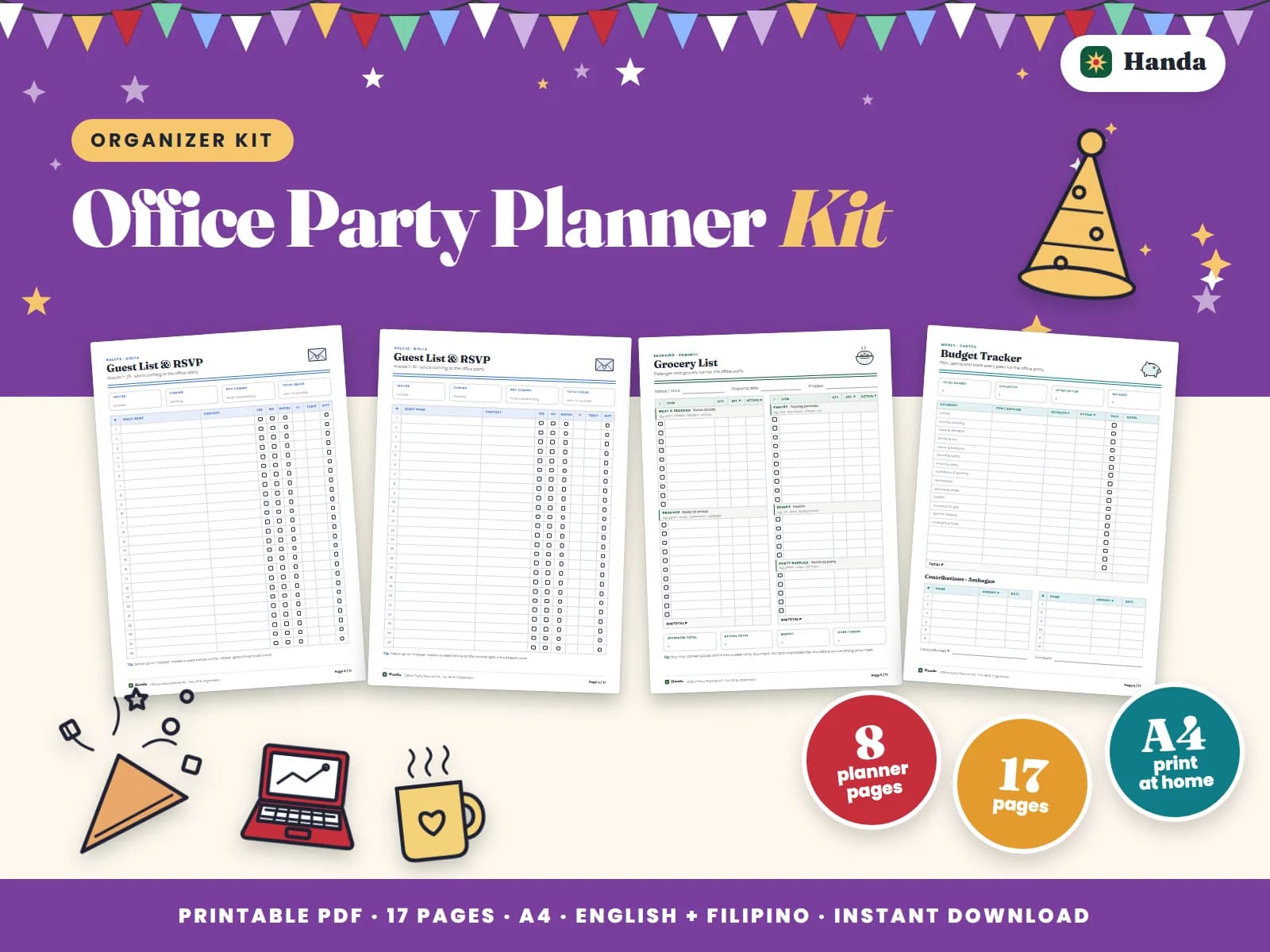 Checklist, guest list, budget, program, menu, invitations, signs and raffle.