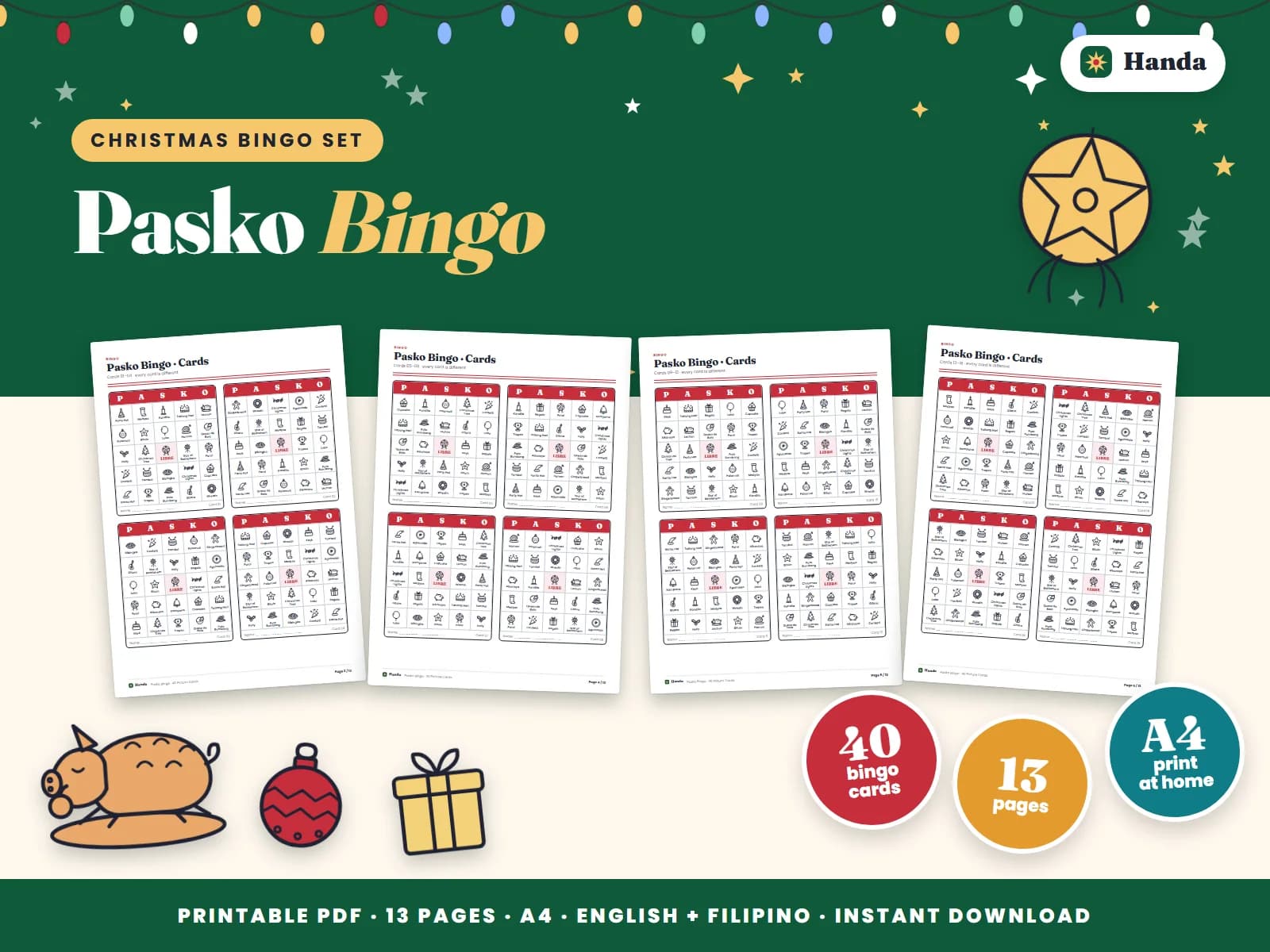 Forty different picture bingo cards and a host sheet for big Christmas parties.