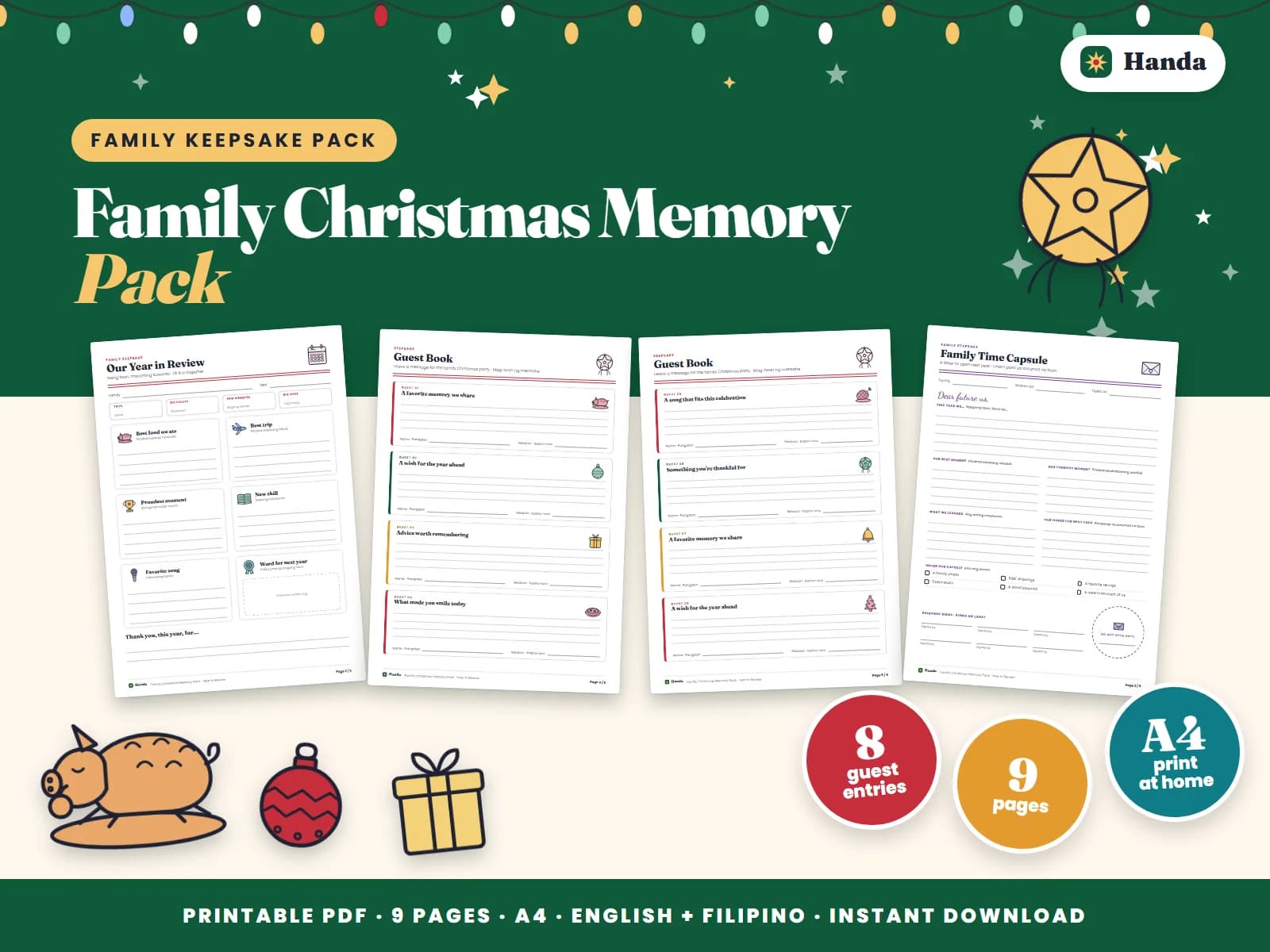 Year-in-review sheets, a time-capsule letter, guest book pages and family talk games.