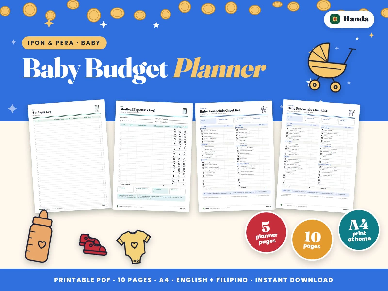 Baby essentials, a baby budget and medical expenses in one planner.