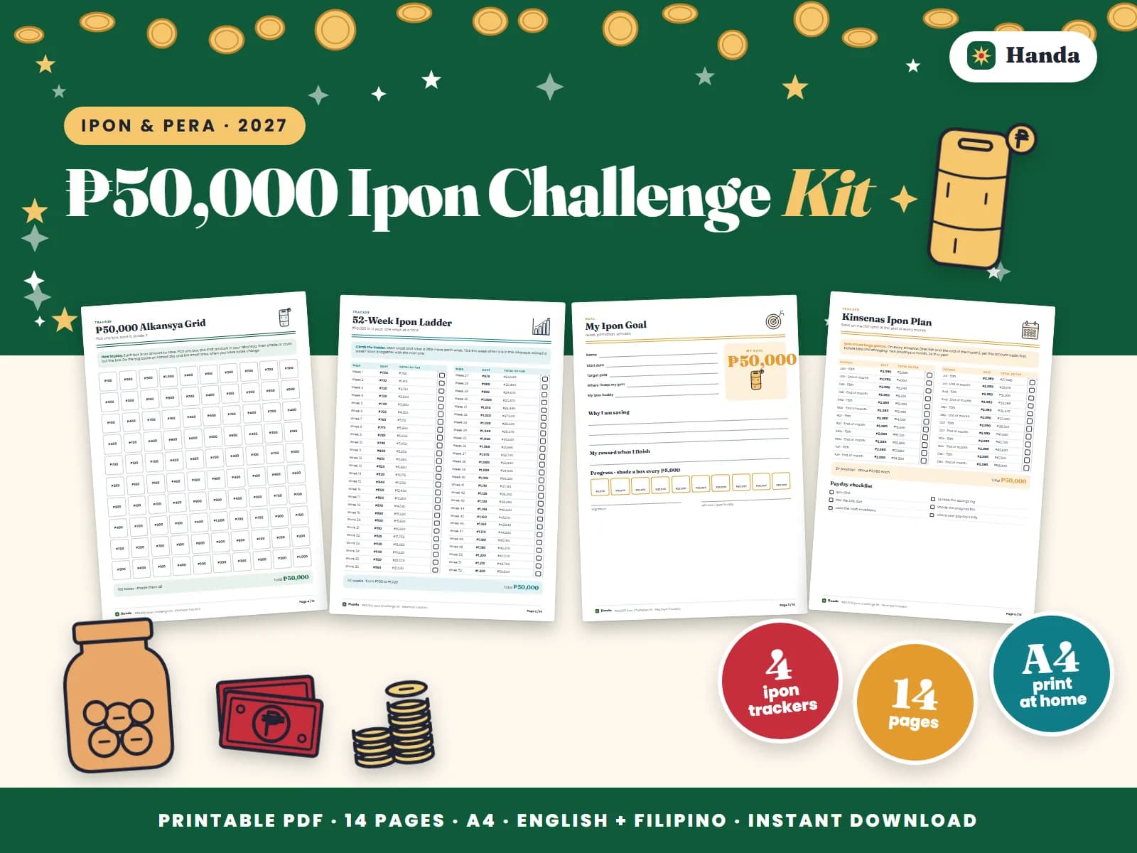 Four ways to save ₱50,000 in a year, with a goal page, savings log, rewards and a certificate.