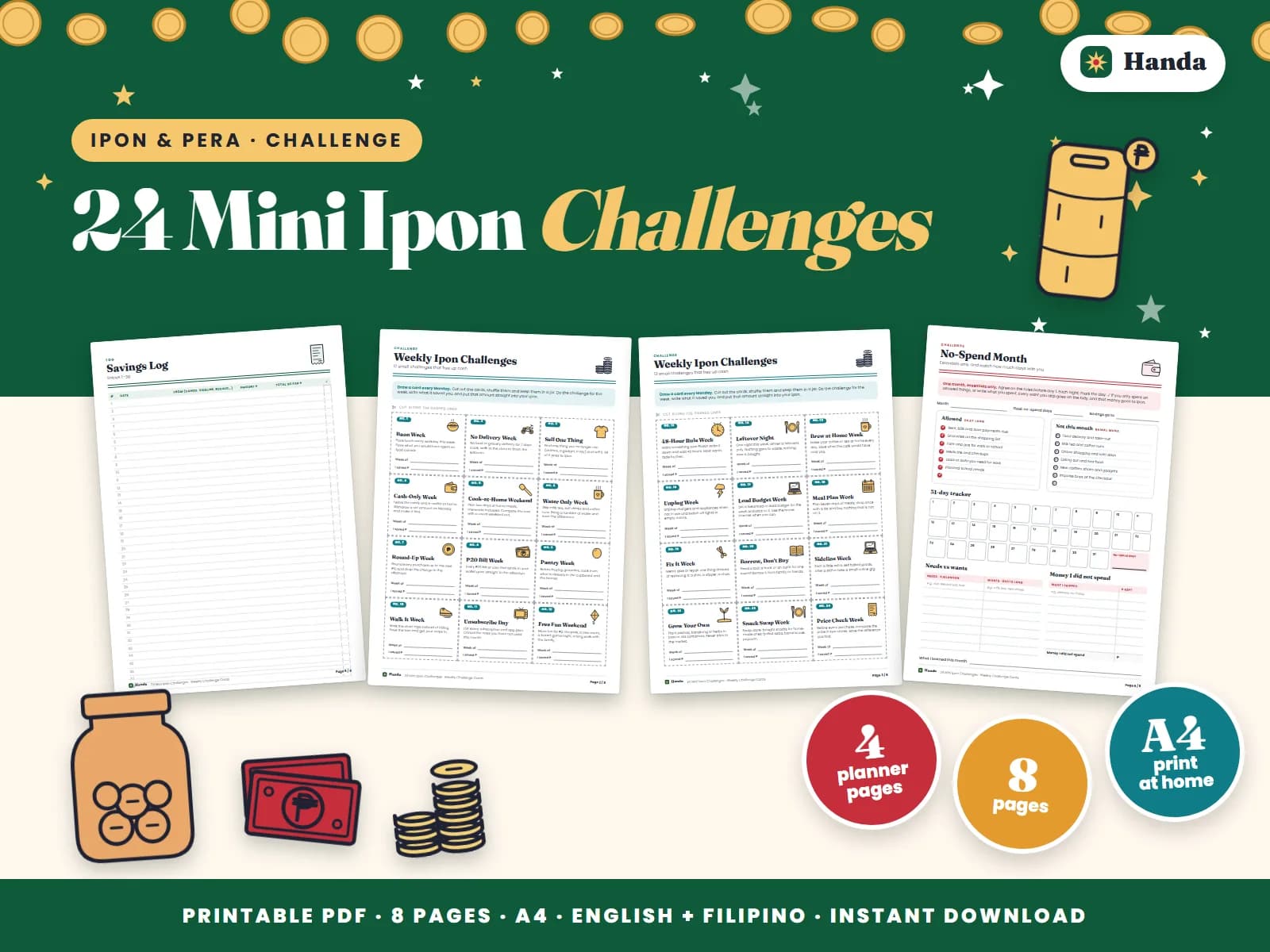 Twenty-four weekly mini challenges like baon week and cash-only week, with a savings log and goals tracker.