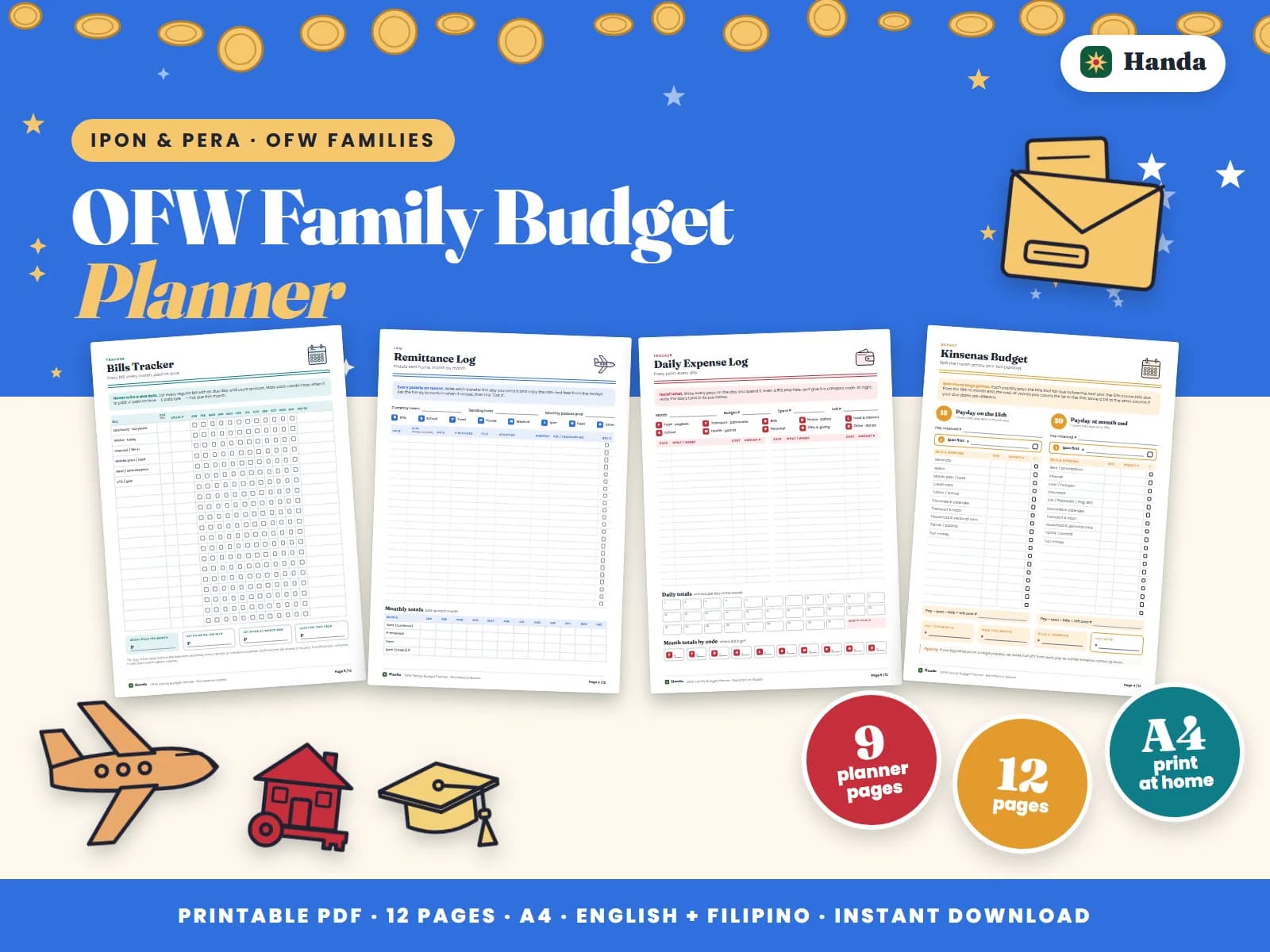 A budget built around the padala: remittance log, bills, school costs and savings.