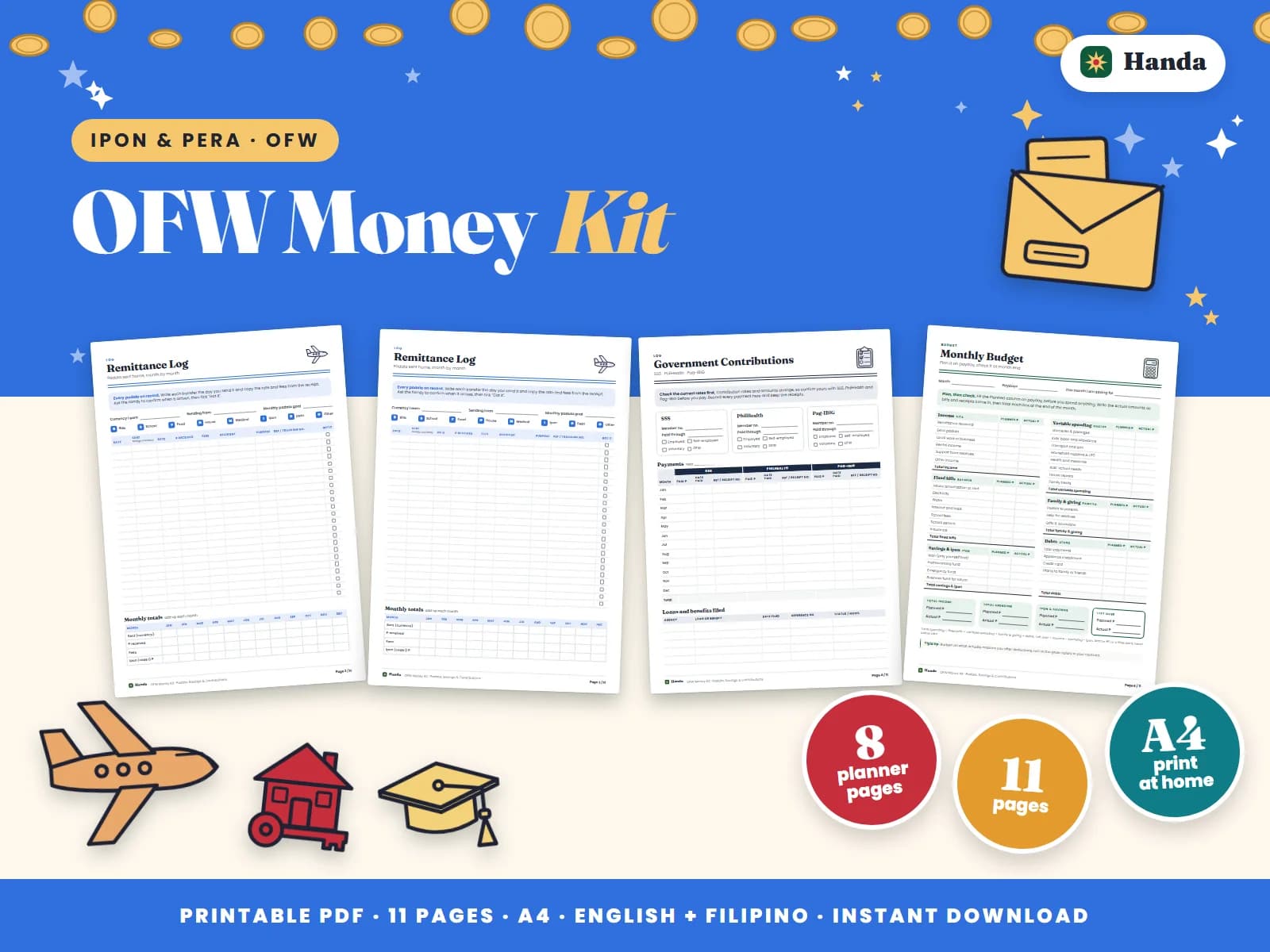 Remittance log, savings goals, contributions and a family budget for OFWs.