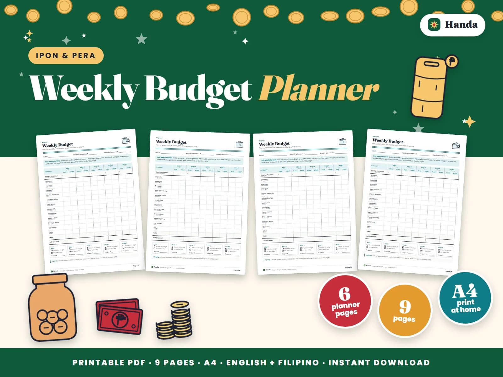 Budget week by week with planned and spent columns for every category.