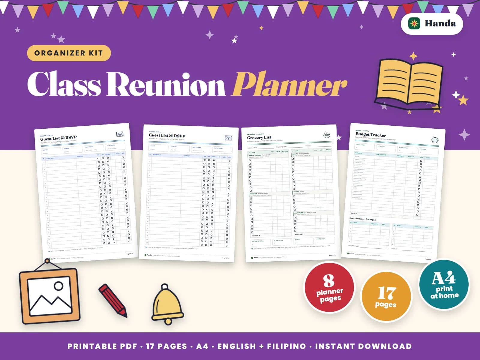Checklist, guest list, budget, program, invitations, signs and raffle for the batch reunion.