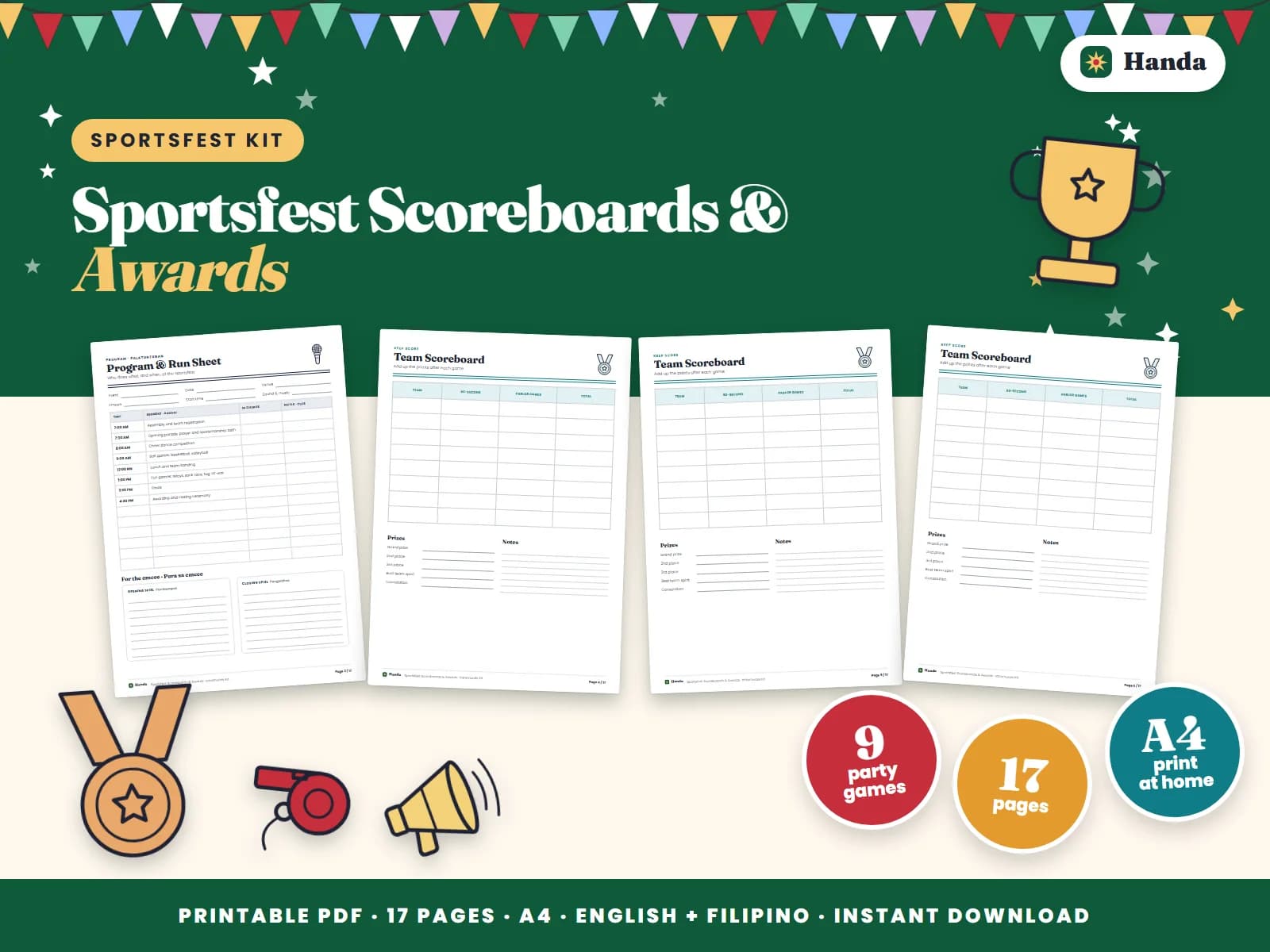 Program, checklist, scoreboards, challenges, parlor games, awards, signs and name tags.