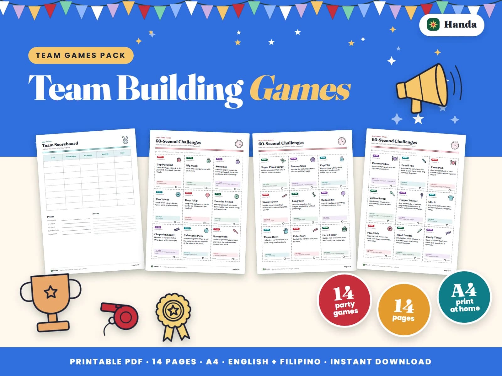 Team relays, parlor games and 60-second challenges with simple materials.