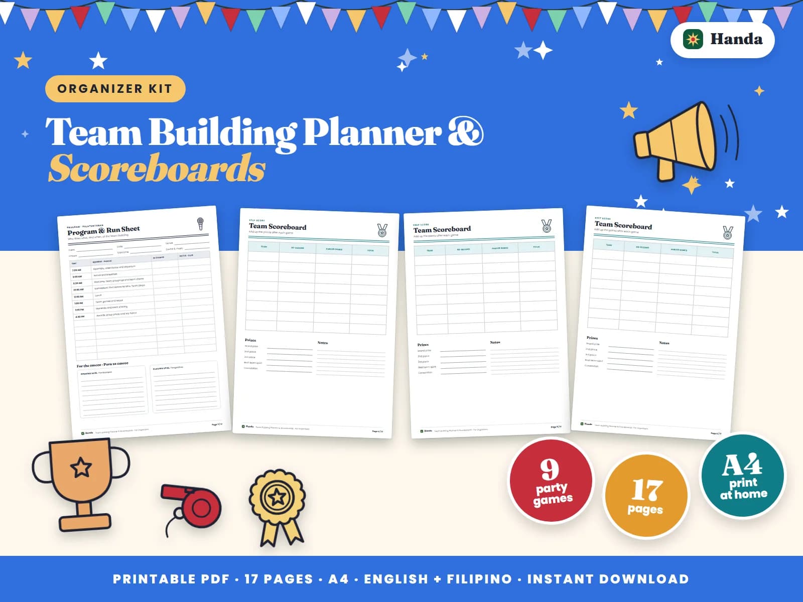 Program, checklist, team scoreboards, challenges, awards, signs and name tags.