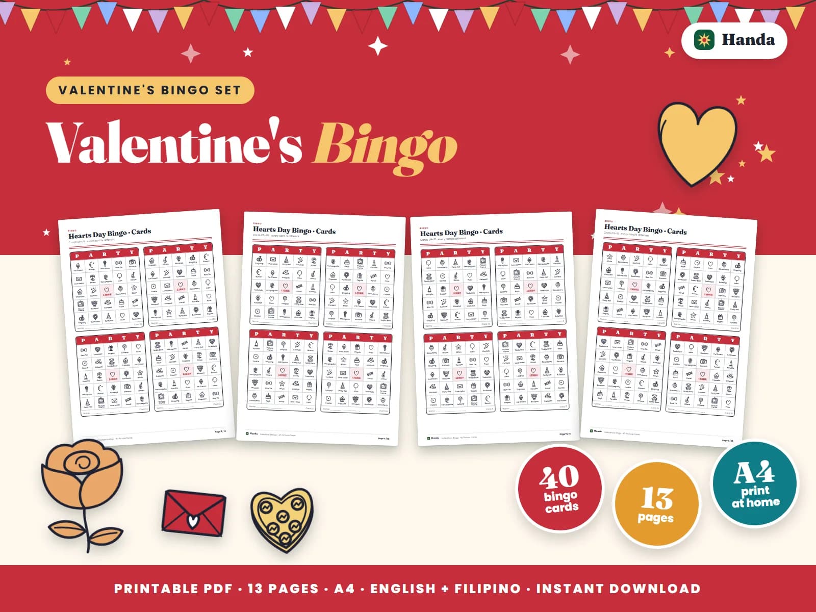 Forty different picture bingo cards and a host sheet.