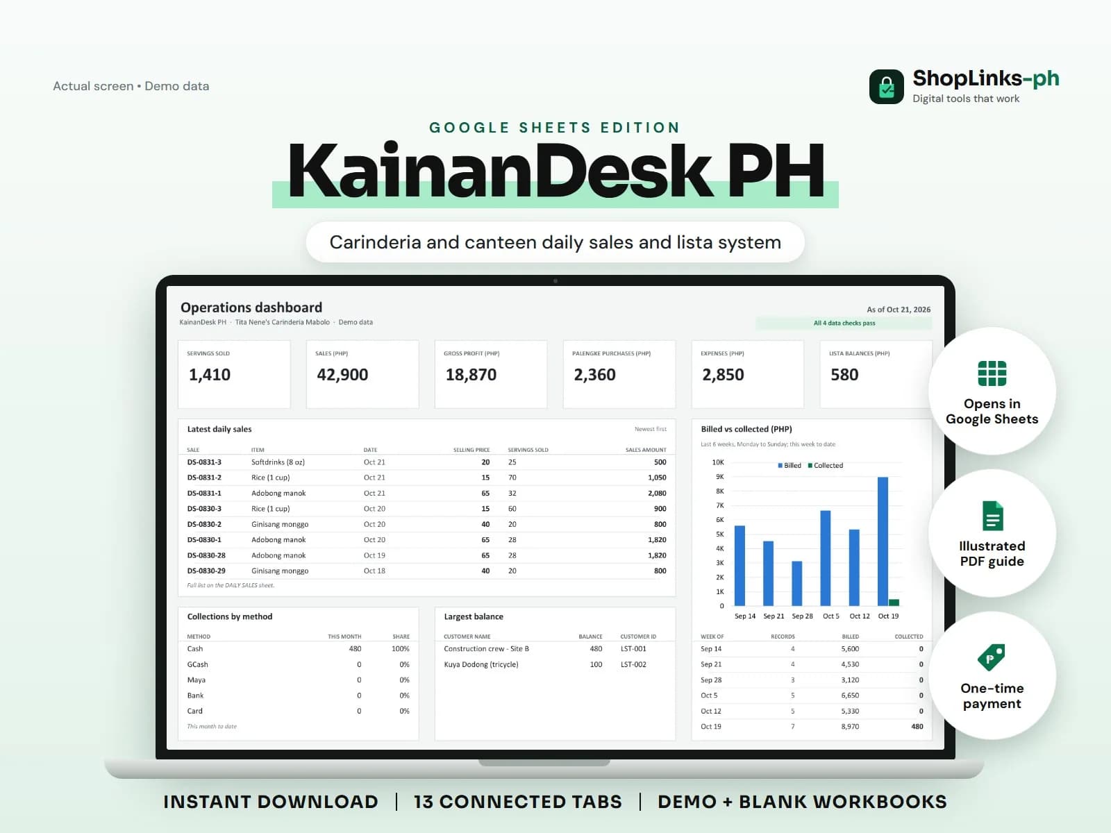 Every serving, palengke peso, lista balance, and daily net on one sheet.