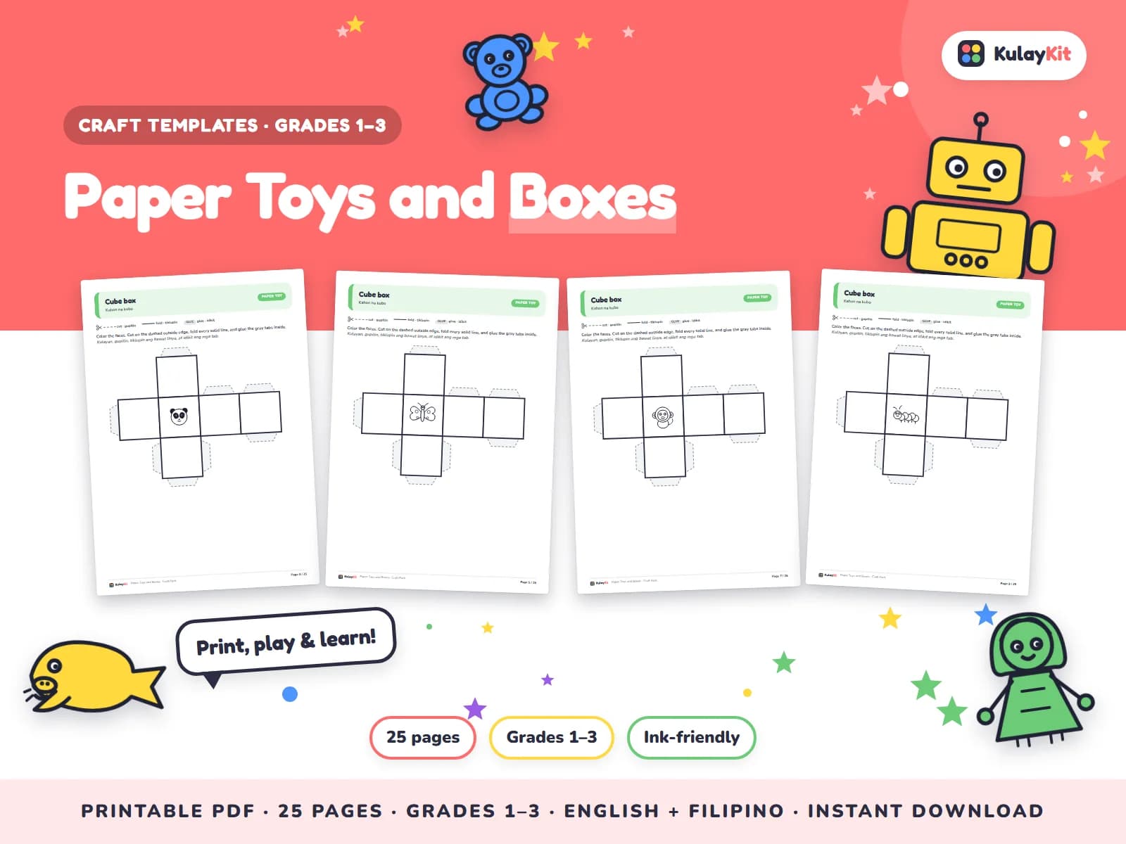 Cut, fold, and glue paper crafts.