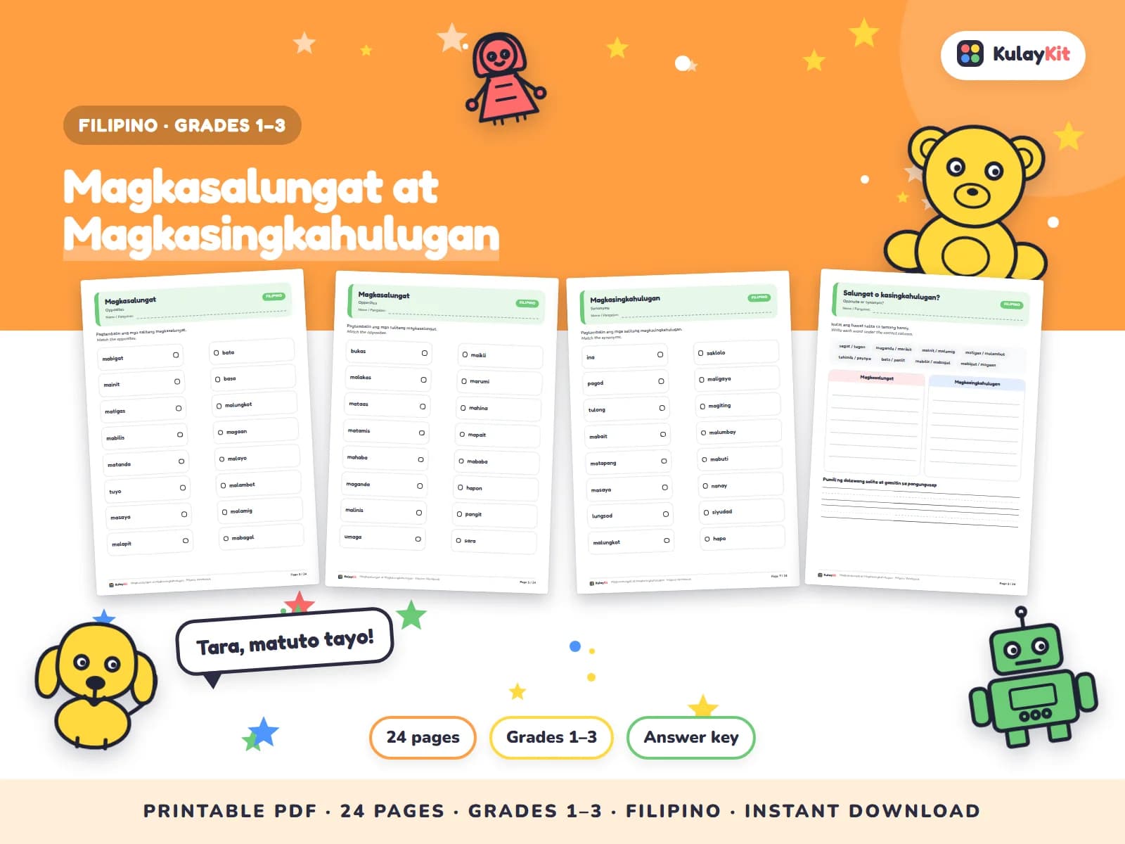 Wikang Filipino worksheets written in natural, correct Filipino.