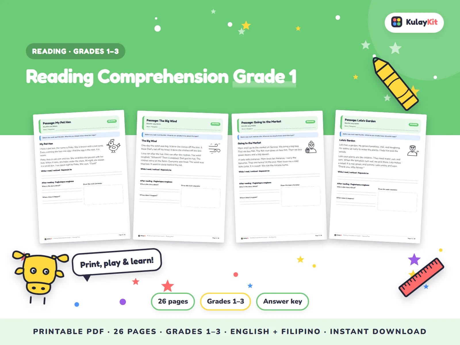 Original stories and passages with comprehension questions.
