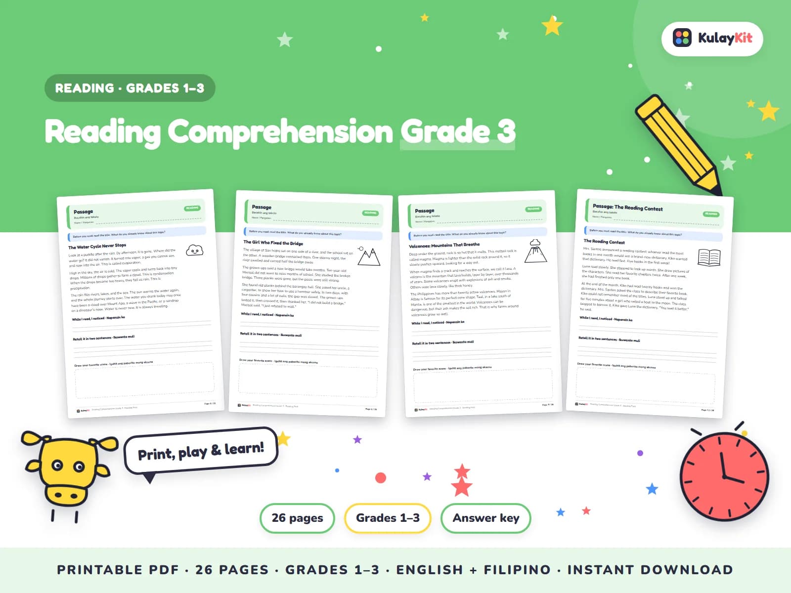 Original stories and passages with comprehension questions.