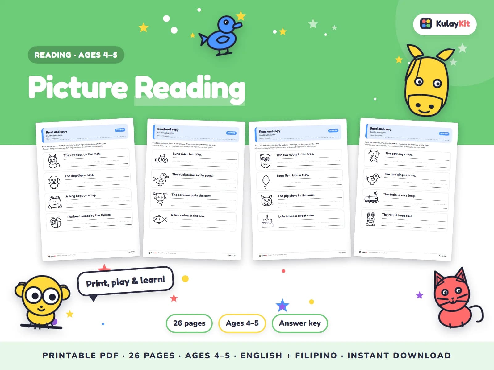 Original stories and passages with comprehension questions.