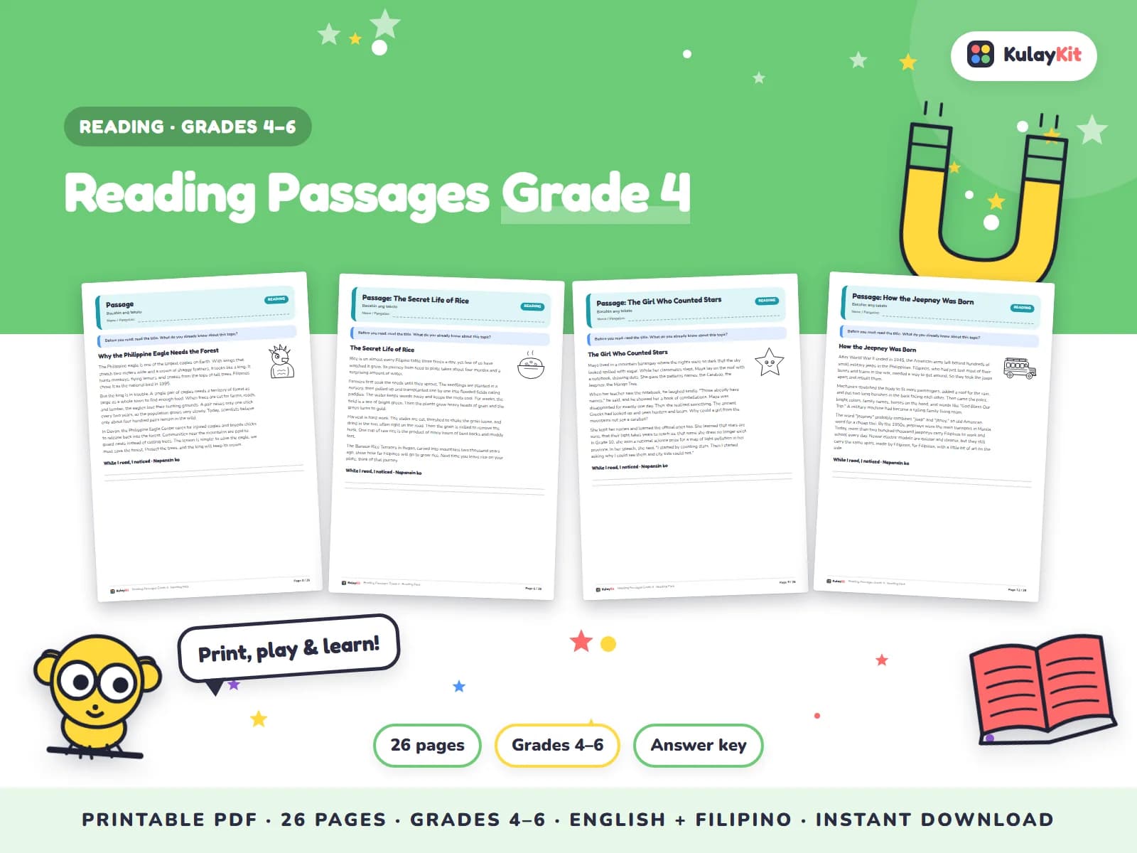 Original stories and passages with comprehension questions.