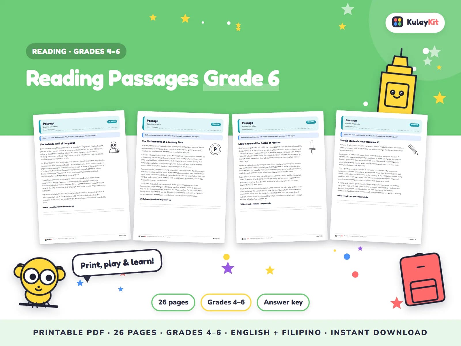 Original stories and passages with comprehension questions.