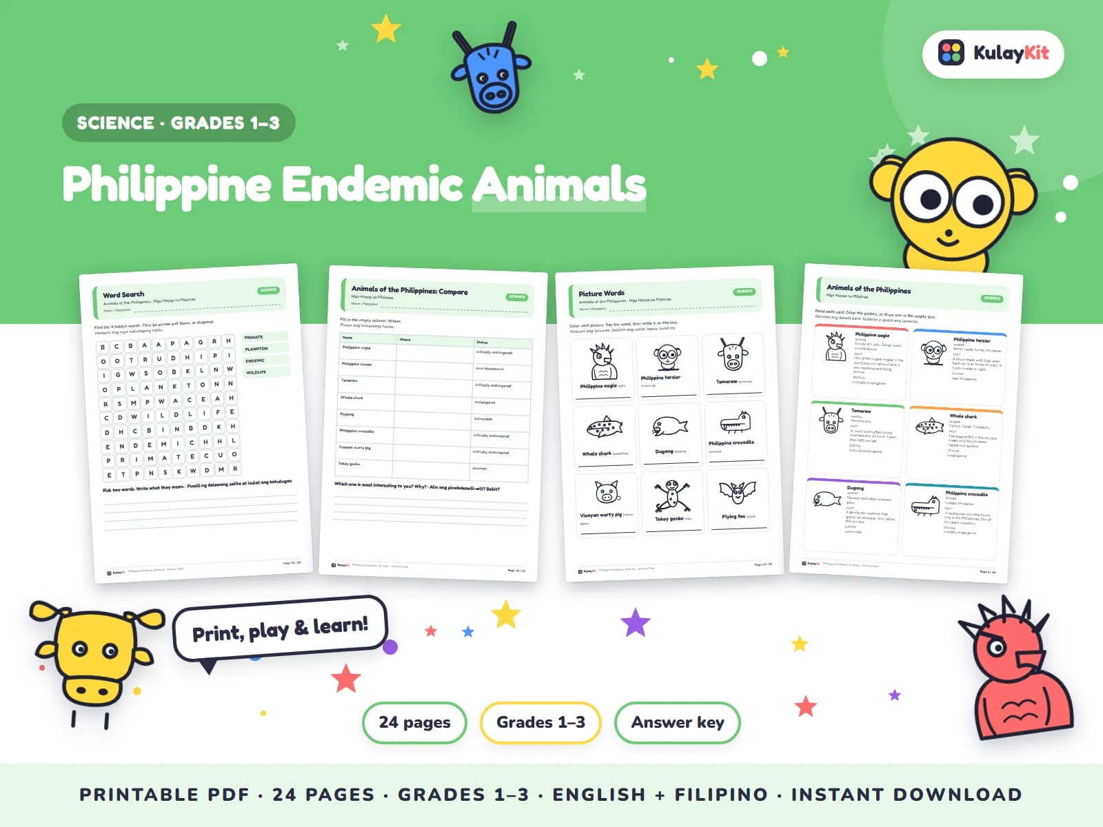 Science pages with diagrams, sorting, and quizzes.