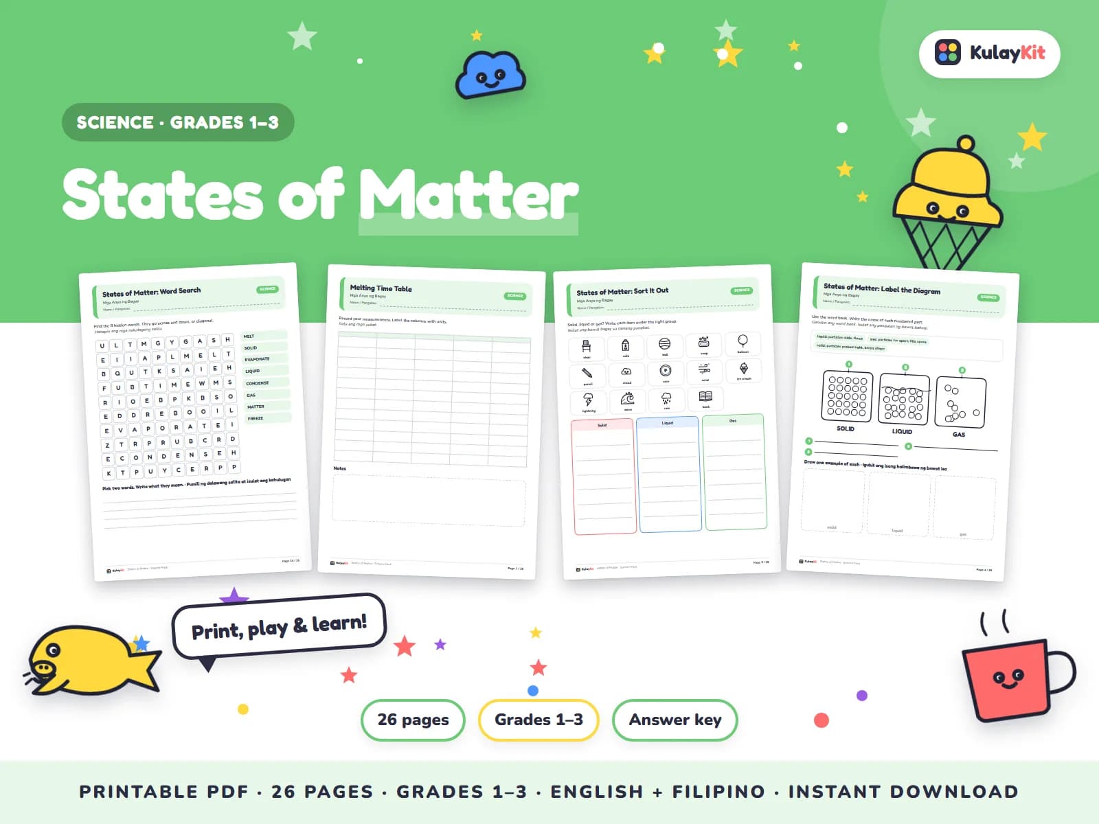 Science pages with diagrams, sorting, and quizzes.