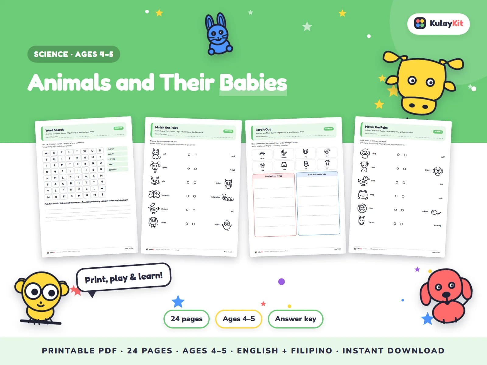 Science pages with diagrams, sorting, and quizzes.