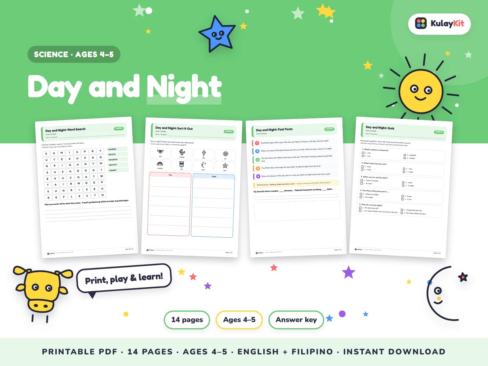 Science pages with diagrams, sorting, and quizzes.