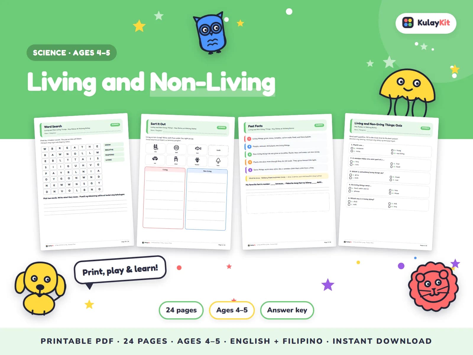 Science pages with diagrams, sorting, and quizzes.