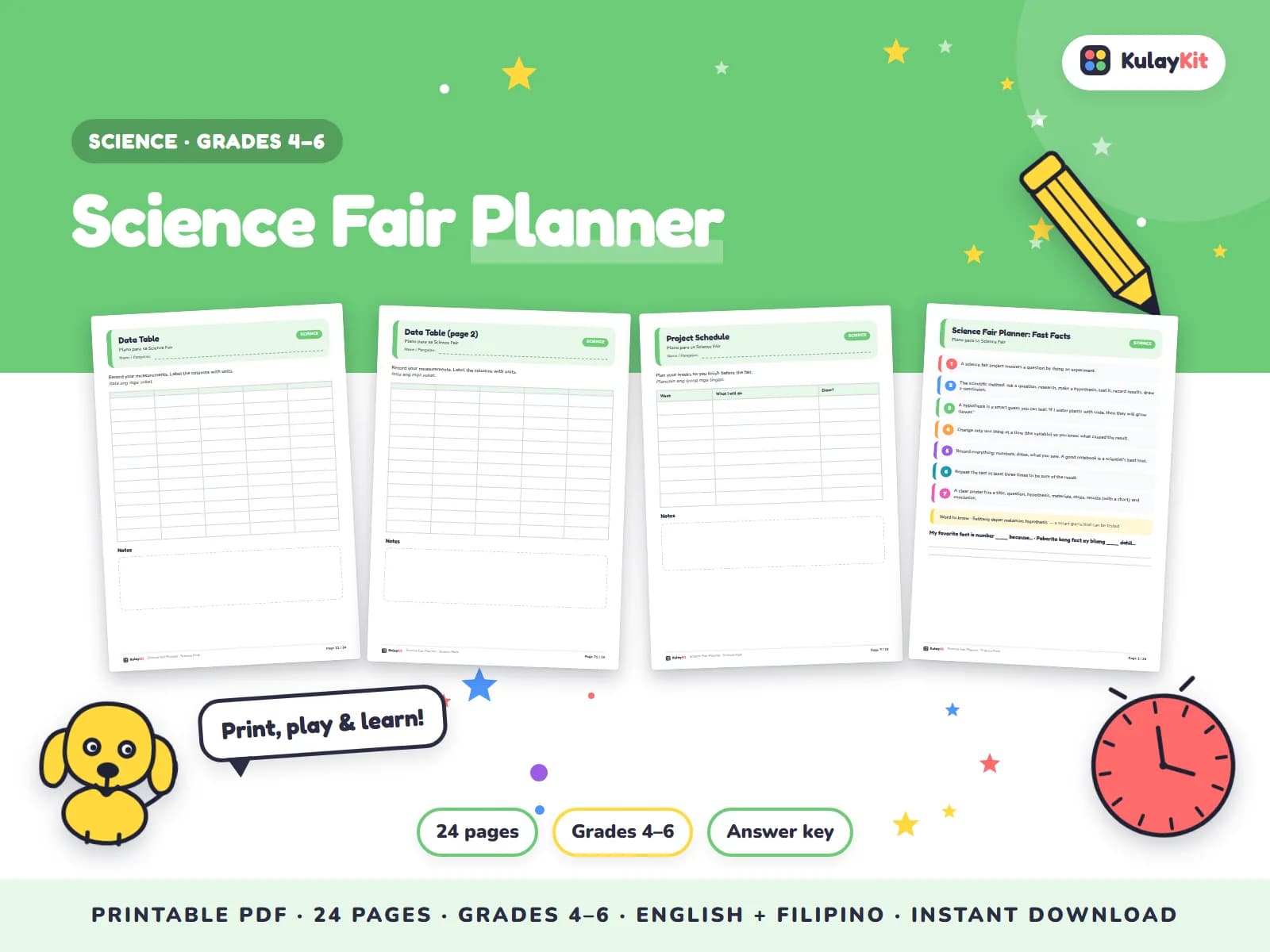 Science pages with diagrams, sorting, and quizzes.