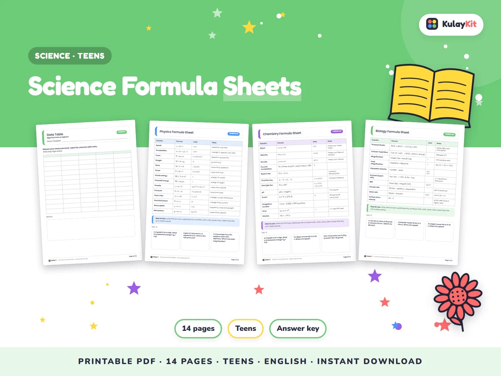 Science pages with diagrams, sorting, and quizzes.