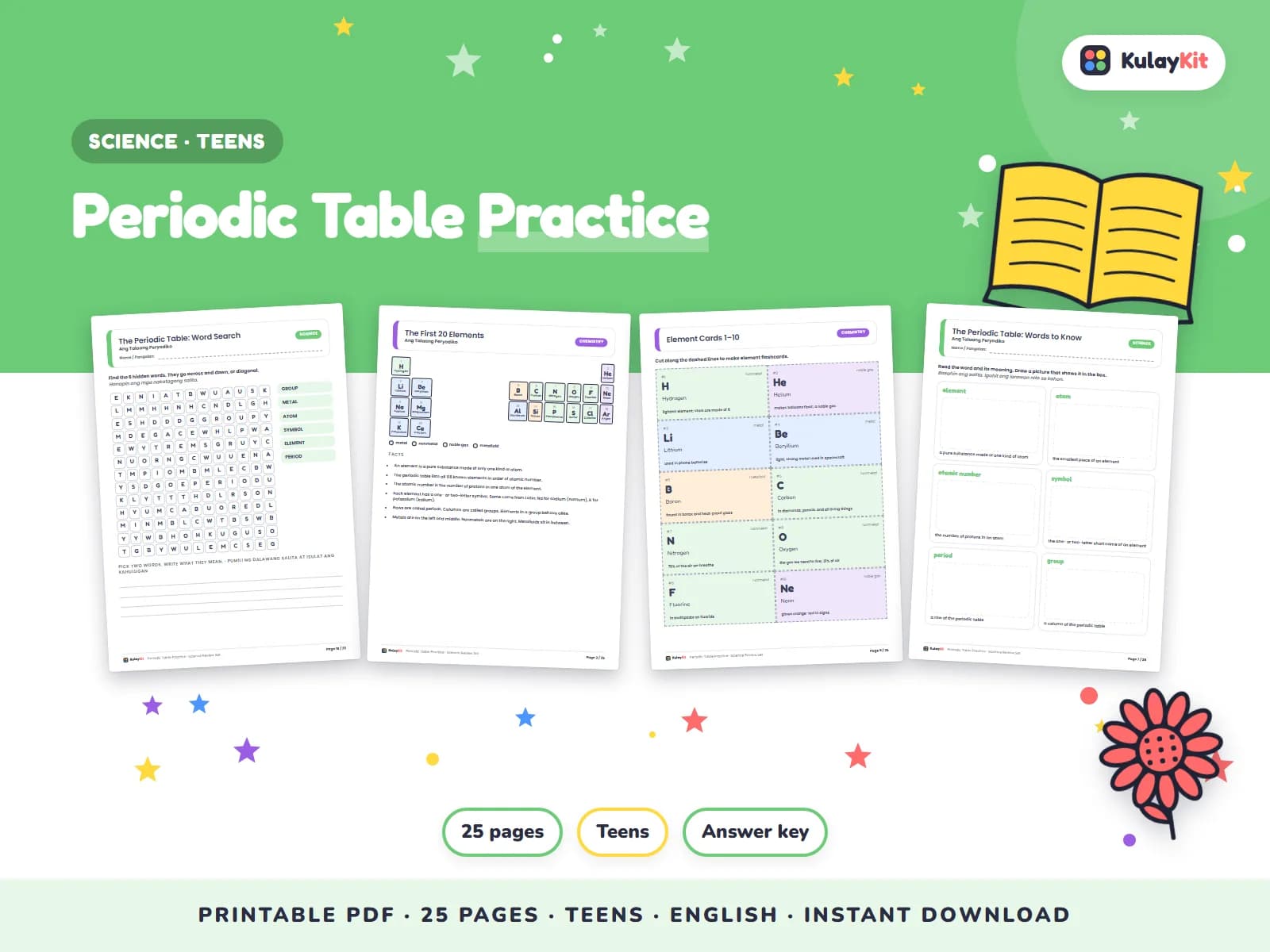 Science pages with diagrams, sorting, and quizzes.