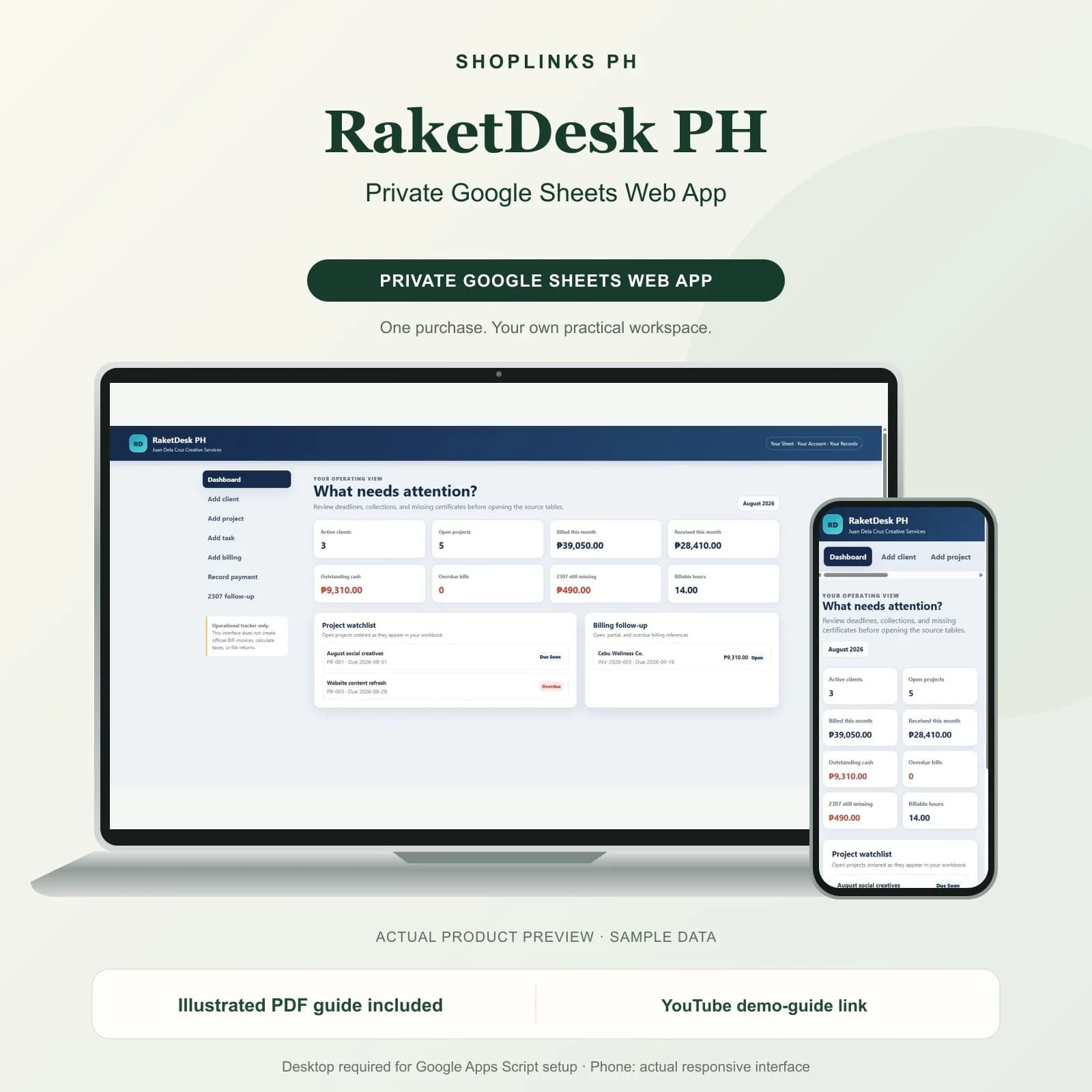 A private browser workspace backed by your own Google Sheet.