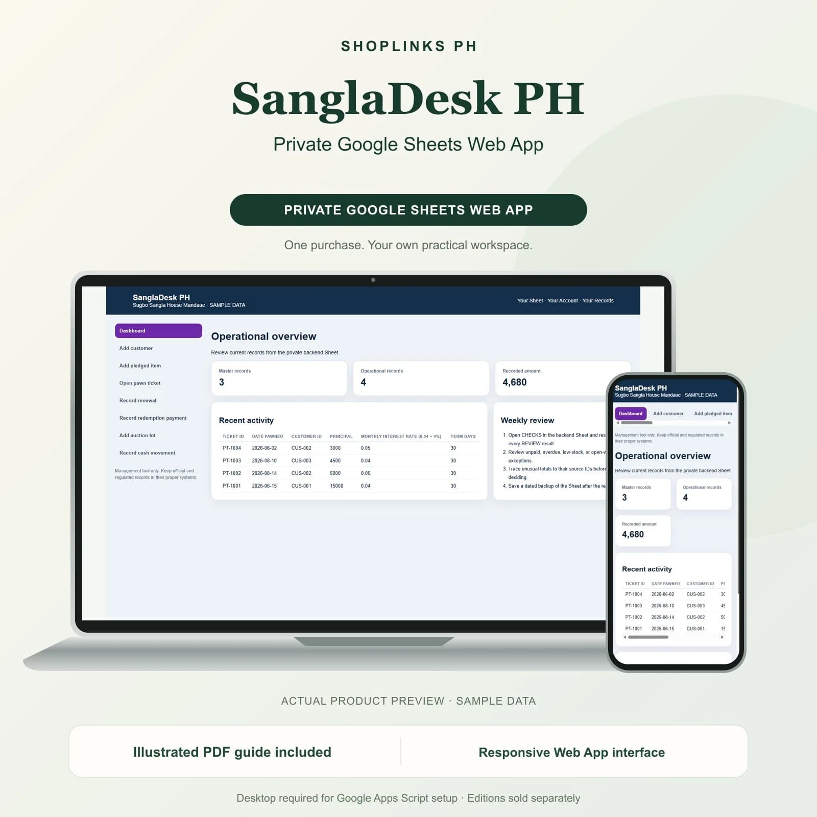 Every ticket, peso of interest, renewal, and redemption on one board.