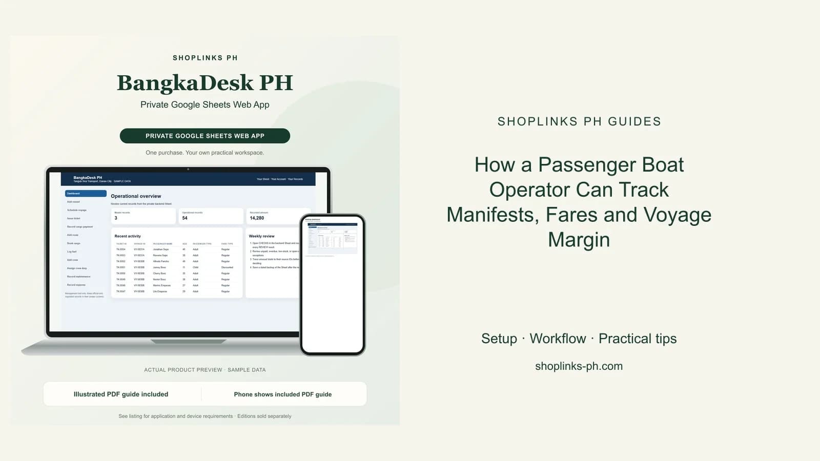 BangkaDesk PH Private Google Sheets Web App dashboard using fictional sample data